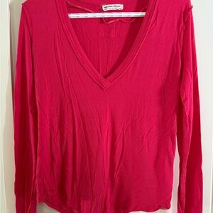 We The Free Bright Pink V-Neck Long Sleeve Top